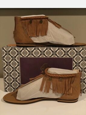 Fringe Braided Ankle Sandals - Tan Women’s Flats